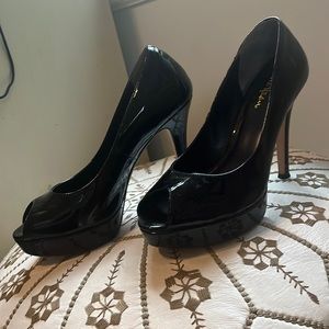 Black cole haan patent leather peep toe heels